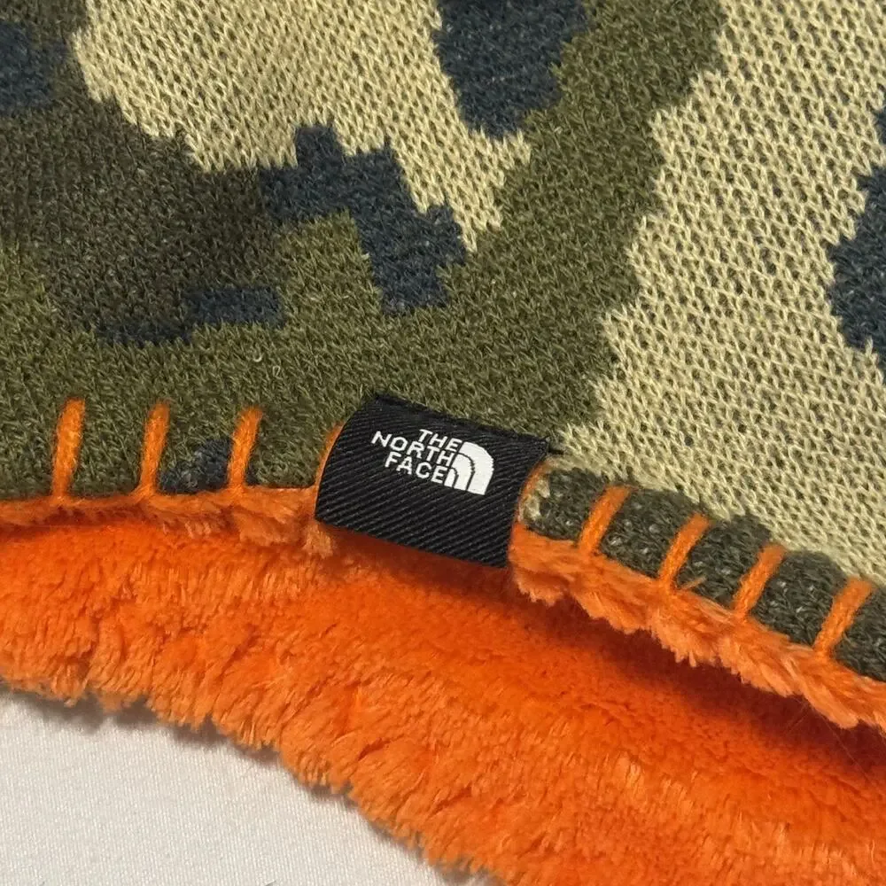 North Face Camo And Orange Fleece Cozy Pom Beanie Hat Baby EUC 4T